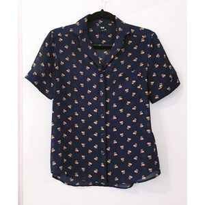 Uniqlo Navy Poppy Floral Print Button Blouse